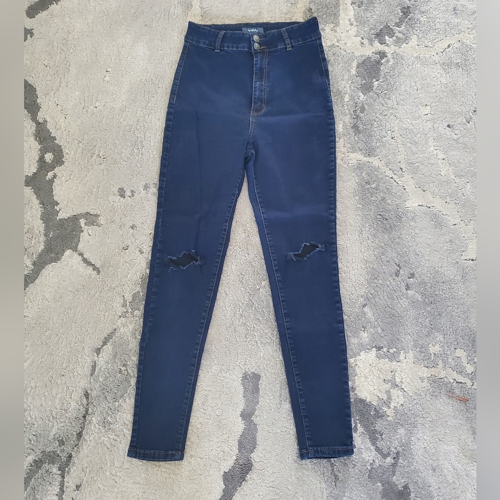 High-Waist Skinny Jeans in Dark Blue with Knee Distress